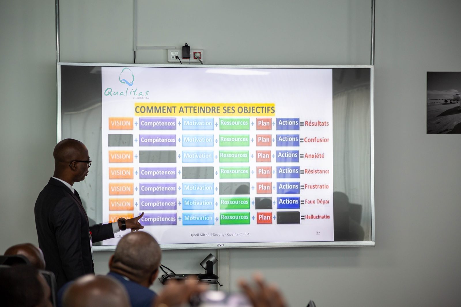 Un formateur présente « Comment atteindre ses objectifs » en salle de réunion